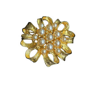 Vintage Premier Design Bow Brooch With Faux Pearls Openwork 2" Wide Gold Tone
